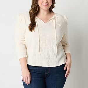 Frye & Co Split Neck 3/4 Sleeve Textured Top in Whisper White NWT XXL
